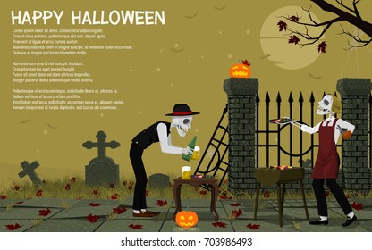 Two ghosts have a halloween  party  at the cemetery on halloween night.
