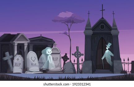 Two ghosts in old fashioned clothing walking along old cemetery at night cartoon vector illustration