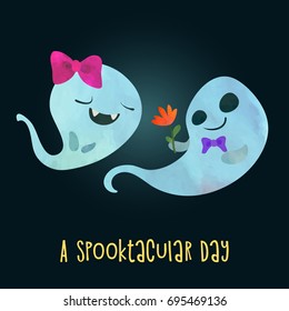 Two ghosts on a date. Ghostly girl and boy in love. Children cartoon style. Poster or postcard design. Watercolour imitation