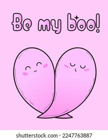 Two ghosts in the shape of a heart. Cute spooky card. Valoween. Kawaii creepy. Romantic story. Be my boo.