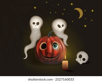 Dois fantasmas com crânios sentam-se em uma abóbora. A abóbora tem um rosto esculpido e um olho em seu socket.The fundo de uma meia lua, estrelas amarelas, galhos de árvore e uma vela ardente na frente. Halloween