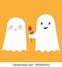Two ghosts are standing together. One ghost is giving a rose to another ghost
