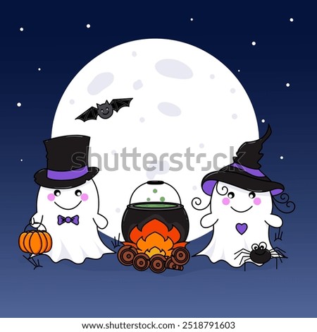 Two ghosts wearing bat and spider hats stand near a fire where a potion is cooking in a cauldron. Behind them is a large moon. Postcard, Halloween banner.  