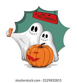 Two ghosts in white make a selfie with pumpkin on Halloween on a green background. Behind a red sign with an inscription and bats