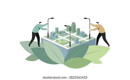 Two giant figures carefully placing modern street lamp posts around a 3D isometric model of a city neighborhood resting on large green leaves.