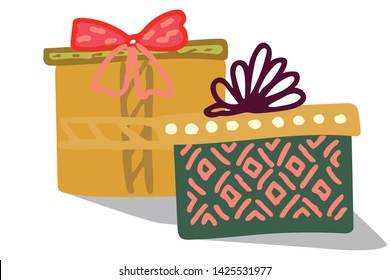 Two giant gift boxes color illustration. Hand drawn clipart. Flat style illustration. Greeting card, poster, banner, design element. Vector
