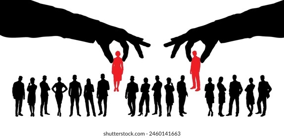 Two giant hands picking up up a businesswoman from large group of people crowd silhouette. Business recruitment metaphor symbol vector silhouette.	