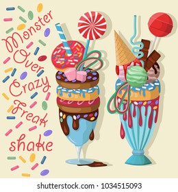 Two giant milkshakes with donuts, lollipop, marshmallows, ice-cream, chocolate, waffle. Monstershake, freakshake, crazyshake vector illustration isolated. Cartoon style.