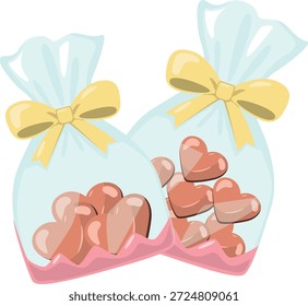 Dos bolsas de regalo llenas de caramelos en forma de corazón, que representan el amor, el compartir y los dulces regalos del Día de San Valentín.