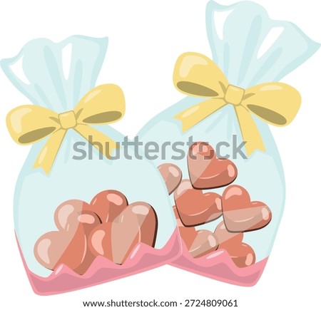 Two gift bags filled with heart-shaped candies, representing love, sharing, and sweet Valentine’s Day gifts.