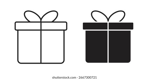 Dos iconos de caja de regalo, una línea de arte y un sólido negro, aislado en blanco. Perfecto para Sitios web, App y presentaciones.
