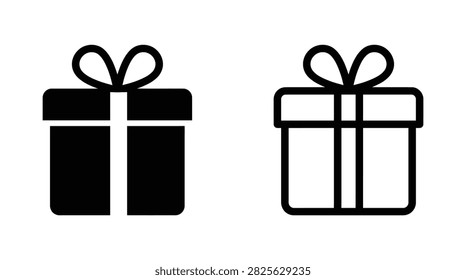 Two gift box icons, one solid black and one white outline, both tied with a ribbon. The background is white.