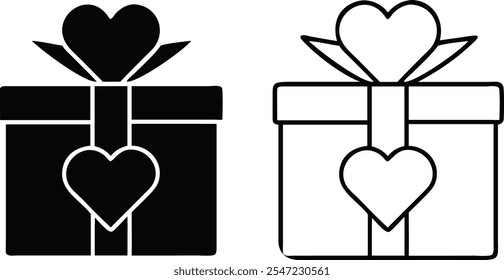 Se muestran dos iconos de caja de regalo, uno negro y otro blanco. Ambos cuentan con corazones en la parte superior y cinta. Diseños sencillos y románticos.