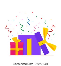 Dos cajas de regalo y Confetti. Ilustración de vectores sorpresa aislada en fondo blanco. Diseño plano.