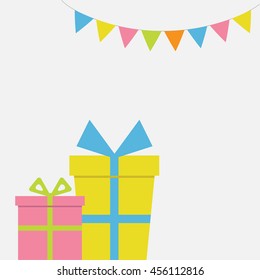 Two Gift boxes couple with ribbon and bow. Present giftbox. Triangle paper flags. Colorful flag set hanging on rope. Greeting card. White background. Isolated. Flat design. Vector illustration