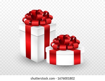 Two gift boxes of different shapes wrapped in a red ribbon and bow on top.
3d style isolated - greeting present package in vector illustration.