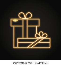 Two gift boxes icon in neon line style. Present box symbol. Vector illustration.