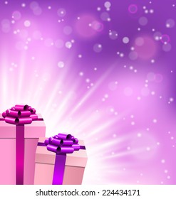 Two gift boxes in lilac color with light on violet background