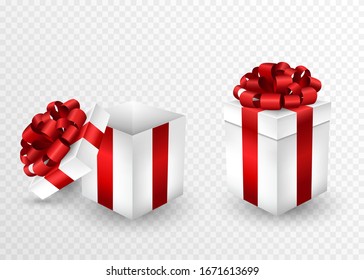 Two gift boxes, open and closed, wrapped in a red ribbon and bow on top. square shaped gifts