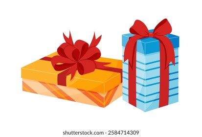 Two Gift boxes with red ribbon bow. Hand drawn trendy flat style isolated icon Element design for giveaway, surprise, holiday. Vector illustration