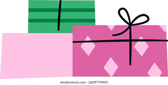 Two gift boxes with ribbons, one striped and one with diamond patterns, in a simple style. Presents are decorated with bows and geometric shapes, creating a festive look. Cartoon vector illustration.
