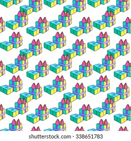 Two gift boxes tied with ribbons and strings - vector seamless pattern