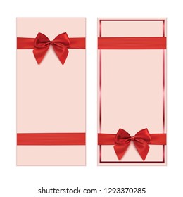 Two gift card, banner or poster templates with red ribbon and a bow. Vector illustration.