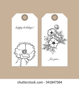 Two gift cards on craft background with ink hand drawn rose flowers and leaves. Vector EPS 10