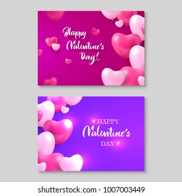 Two gift certificates, happy valentines day, heart bubbles around. Vector illustration, romantic cards, shining elements on pink and purple background with inscription