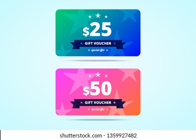 Two gift gradient style vouchers with 25 and 50 dollars value. Discount gift coupons, special offer vouchers, discount certificates in vector format.