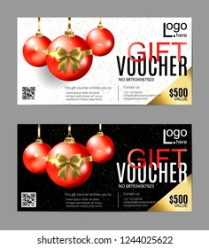 Two Gift Voucher design with decorative Christmas balls in different color option. Vector