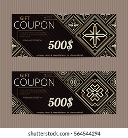 Two gift vouchers in luxury style. Vector discount cards. Art Deco tiles. Golden and silver ornament