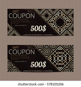 Two gift vouchers in luxury style. Vector discount cards. Art Deco tiles. Golden and silver ornament.