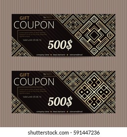 Two gift vouchers in luxury style. Vector discount cards. Art Deco tiles. Golden and silver ornament.