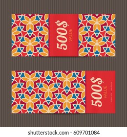 Two gift vouchers in moroccan style. Vector discount cards. Floral ornament.