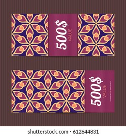 Two gift vouchers in moroccan style. Vector discount cards. Floral ornaments.