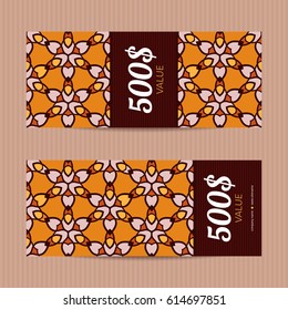 Two gift vouchers in moroccan style. Vector discount cards. Floral ornaments.