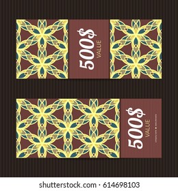 Two gift vouchers in moroccan style. Vector discount cards. Floral ornaments.