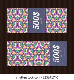 Two gift vouchers in moroccan style. Vector discount cards. Floral ornaments.