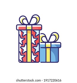 Two gifts color icon. Closed present. Surprise in box. Celebrate birthday. Give away. Thin line customizable illustration. Contour symbol. Vector isolated outline drawing.