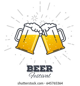 Two gig glasses with fresh yellow live beer and white foam, and bubbles. Line style flat vector illustration. Beer festival concept. Lager sort. Clinking beer glasses.