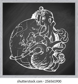 Two gigantic octopuses representing oil industry are struggling over domination on the global oil and gas market. EPS10 vector illustration in a sketchy style imitating scribbling on the blackboard.