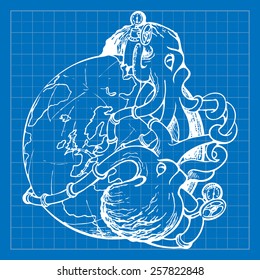 Two gigantic octopuses representing oil industry are struggling over domination on the global oil and gas market. EPS10 vector illustration imitating blueprint style scribbling with white marker.