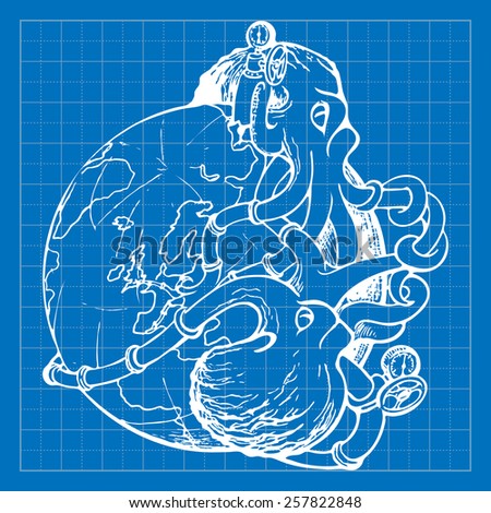 Two gigantic octopuses representing oil industry are struggling over domination on the global oil and gas market. EPS10 vector illustration imitating blueprint style scribbling with white marker.