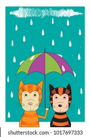 two ginger cats-friends with umbrella under the rain