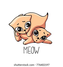 Two ginger kitten playing in a funny pose with the inscription "meow". Vector illustration of a cartoon style isolated on white.