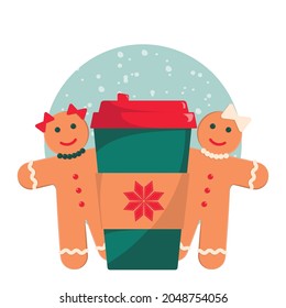 Two gingerbread girls with a cup of hot drink, cheerful, lesbian couple congratulate each other on the winter holidays. Christmas and Happy New Year illustration.