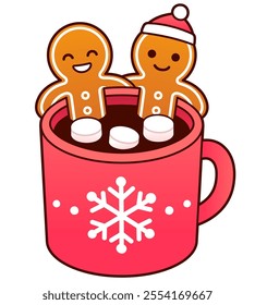 Two gingerbread man cookies in hot chocolate cup with marshmallows. Funny Christmas greeting card. Cute cartoon vector illustration.