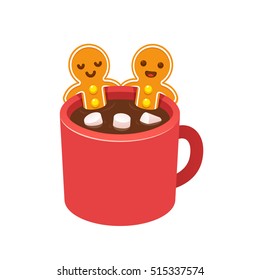 Two gingerbread man cookies in hot chocolate cup with marshmallows. Funny Christmas greeting card. Cute cartoon vector illustration.