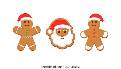 Two gingerbread man and Santa. Classic Christmas cookies. Xmas biscuit isolated on white background. Noel holiday sweet dessert. Cute ginger bread characters in flat design. Vector illustration.